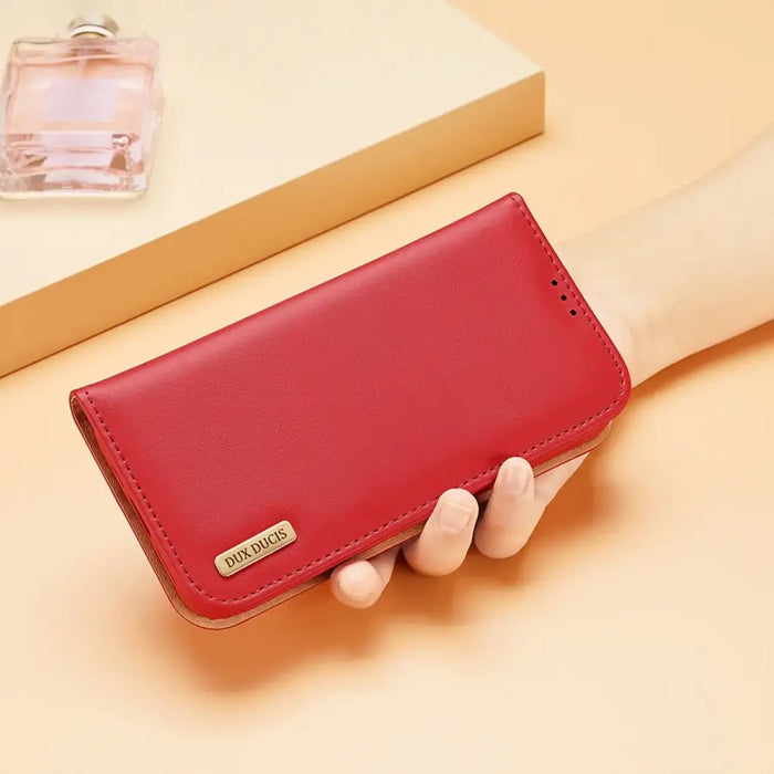 Dux Ducis Hivo Leather Flip Cover Genuine Leather Wallet for Cards and Documents iPhone 14 Pro Red - Cell phone cases