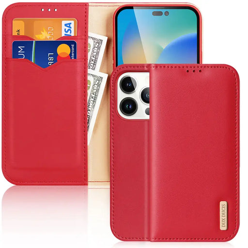 Dux Ducis Hivo Leather Flip Cover Genuine Leather Wallet for Cards and Documents iPhone 14 Pro Red - Cell phone cases