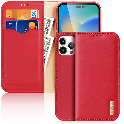 Dux Ducis Hivo Leather Flip Cover Genuine Leather Wallet for Cards and Documents iPhone 14 Pro Max Red - Cell phone