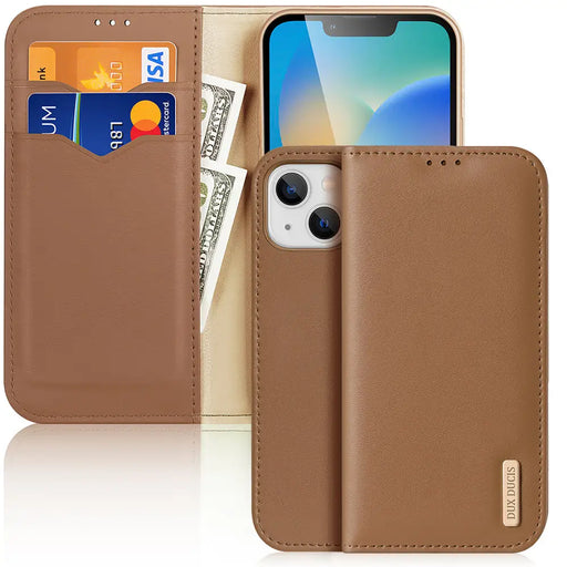 Dux Ducis Hivo Leather Flip Cover Genuine Leather Wallet for Cards and Documents iPhone 14 Brown - Cell phone cases