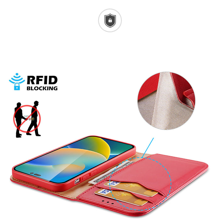 Dux Ducis Hivo Leather Flip Cover Genuine Leather Wallet for Cards and Documents iPhone 14 Pro Max Red - Cell phone