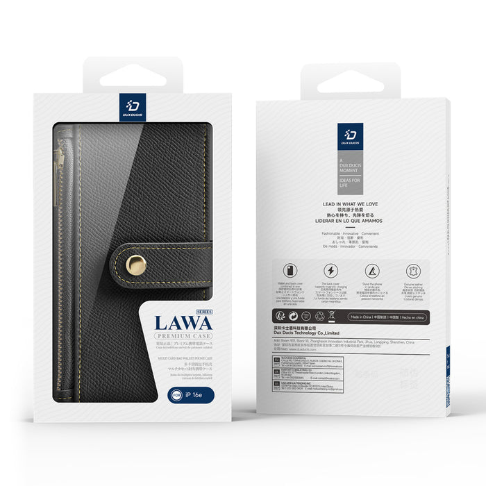 Dux Ducis Lawa Leather Case for iPhone 16e / 17e with Detachable Magnetic Wallet - Black