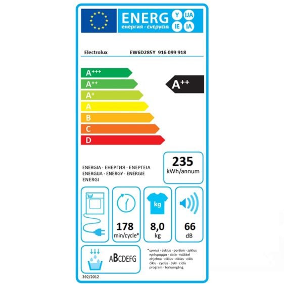 Dryer ELECTROLUX EW6D285Y, 8 kg, E, Heat pump