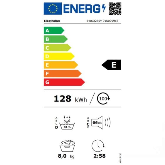 Dryer ELECTROLUX EW6D285Y, 8 kg, E, Heat pump