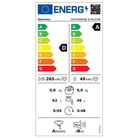 Washing machine with dryer ELECTROLUX EW7W5697QE, 9/5 kg, 1600 rpm
