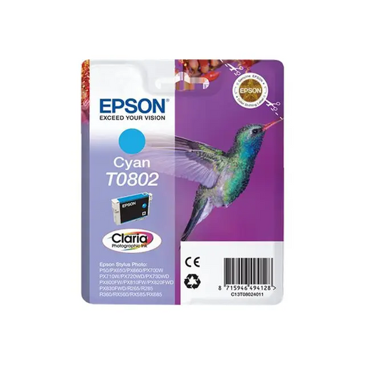 EPSON 1LB T0802 ink cartridge cyan standard capacity 7.4ml 935 pages 1-pack RF-AM blister w/s - Мастила и Мастилени