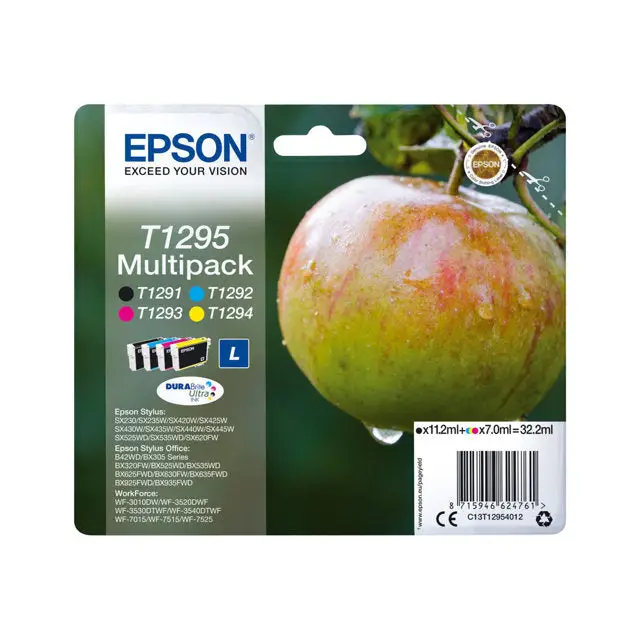 EPSON 2LB T1295 ink cartridge black and tri-colour high capacity 11.2ml and 3 x 7ml 4-pack blister without alarm