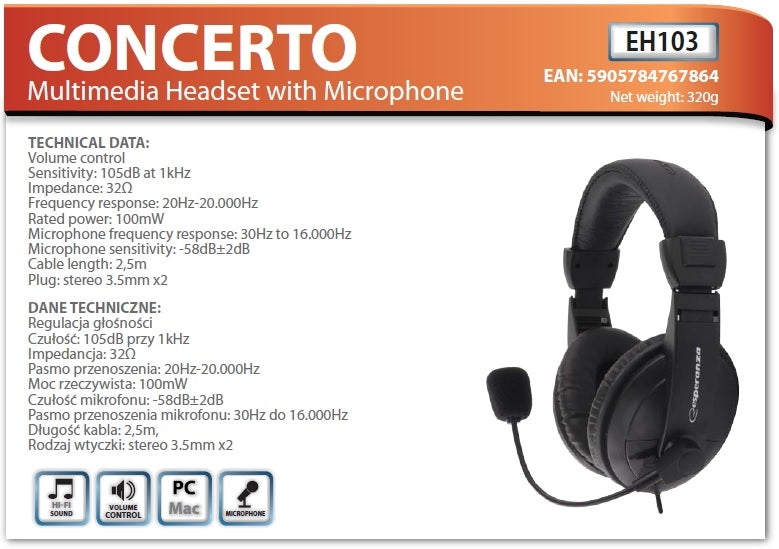 Esperanza Headphone+microphone Concerto