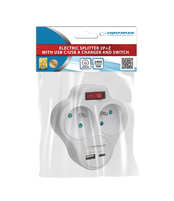 Esperanza ELK311W Electrical splitter 2 GN. USB-C USB-A ON. White