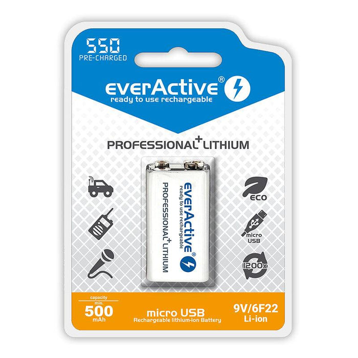 Accumulator Battery R22 9V LiIon 500mAh/550 precharged +Usb-C 1pc. in EVERACTIVE packaging