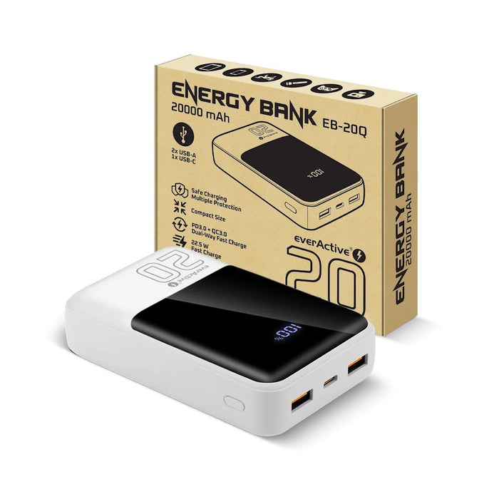Powerbank 20 000mAh, 2x USB, 1x USB-C 22,5W, QC4+, LCD screen, white