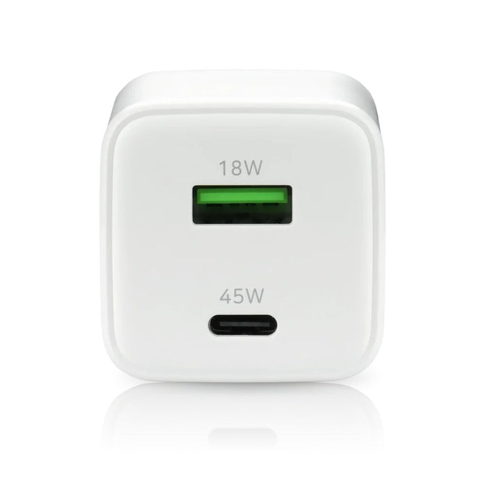 GaN mains charger with 1 x USB and 1 x USB-C Quick Charge 4.0 45W, white