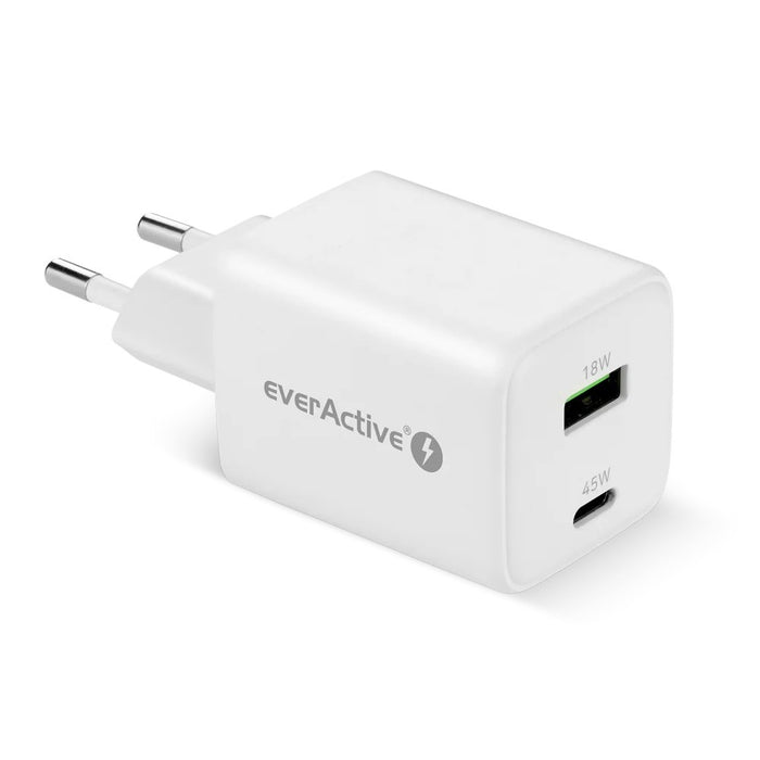 GaN mains charger with 1 x USB and 1 x USB-C Quick Charge 4.0 45W, white