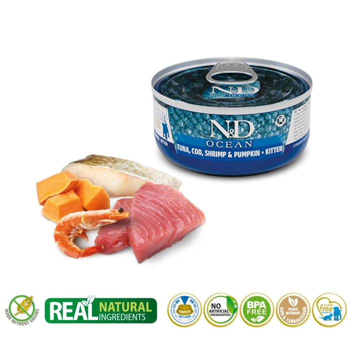 FARMINA N&D Ocean Kitten Tuna, Cod, Shrimp & Pumpkin – wet food for kittens – 70g