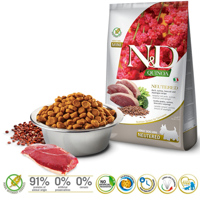 FARMINA N&D Quinoa Dog Duck, Broccoli, Asparagus Neutered Adult Mini - dry dog food - 2.5 kg