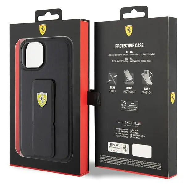 Ferrari Grip Stand Metal Logo case for iPhone 15 - black - Cell phone cases and covers<<<HurtelXML