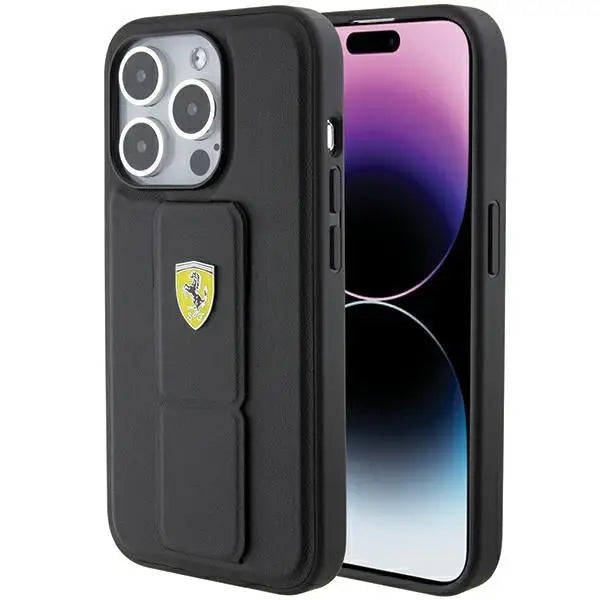 Ferrari Grip Stand Metal Logo case for iPhone 15 Pro Max - black - Cell phone cases and covers<<<HurtelXML