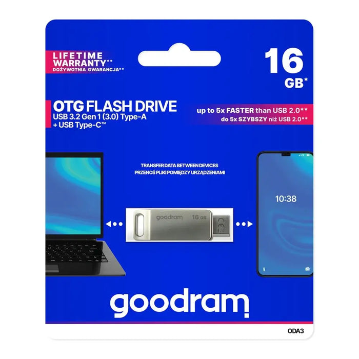 Flash Drive 16GB USB 3.2 Gen 1 USB / USB C OTG ODA3 Goodram - Silver - Paragony<<<HurtelXML