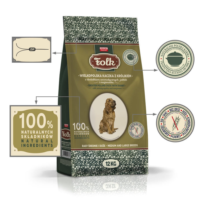 FOLK Medium and large breeds Traditional Greater Poland duck with rabbit, apples and marjoram - dry dog food - 12kg