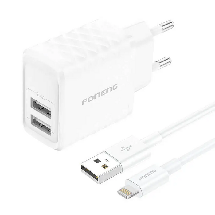 Foneng EU53 20W 2xUSB-A 2.4A network charger (White) + USB-A toLightning cable - mains chargers<<<Chargers<<<GSM