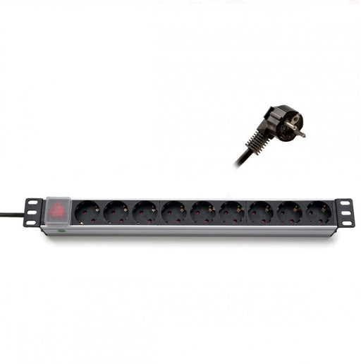 Formrack 19’’ 9 way power outlet strip (Schuko 230V) with on/off switch Aluminium 1U