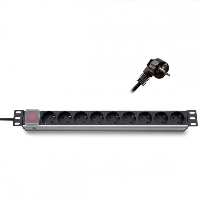 Formrack 19’’ 9 way power outlet strip (Schuko 230V) with on/off switch Aluminium 1U