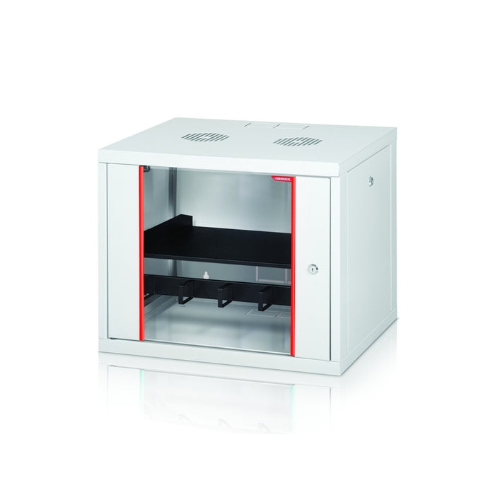 Formrack 19" Wall Mounted rack 9U 555/450mm, removable locking sides, height: 460mm, loading capacity: 100kg., tempered glass door, 19" front rails (back rails optionable)