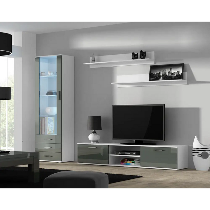 Furniture set SOHO 1 (RTV180 cabinet + S1 cabinet + shelves) White/Grey Gloss - Modern wall unitsMES-NOW<<<Wall