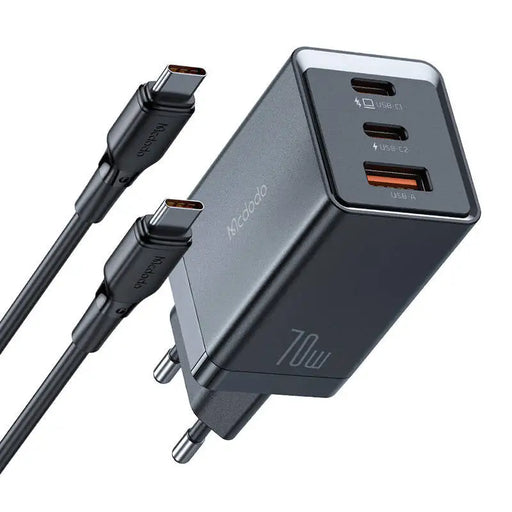 GaN Mcdodo CH-1543 network charger 2x USB-C 1x USB 67W + USB-C to USB-C 2m cable (black) - mains