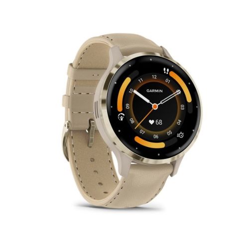 Garmin Venu 3S Smart Watch 41mm, GPS, Stainless Steel Bezel with Leather Band French Gray/ Softgold EU