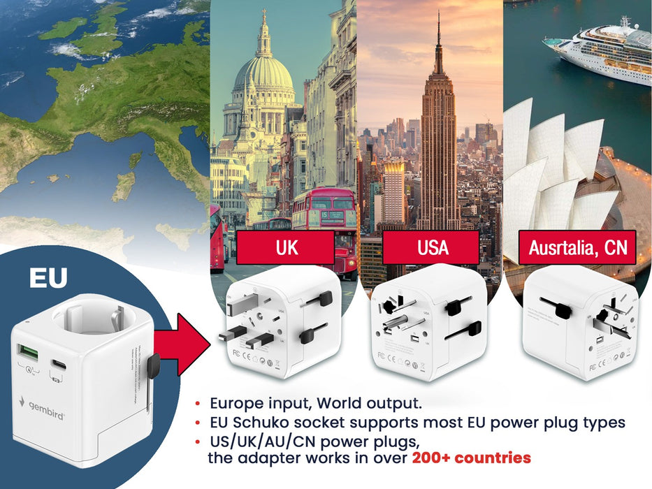 Gembird TPA-EU1A1C20-01-W Grounded universal travel power adapter, 20 W, white