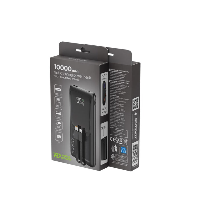 Gembird PB10-PD20-LCD-01 Fast charging power bank with integrated cables, 20W, 10000 mAh, black