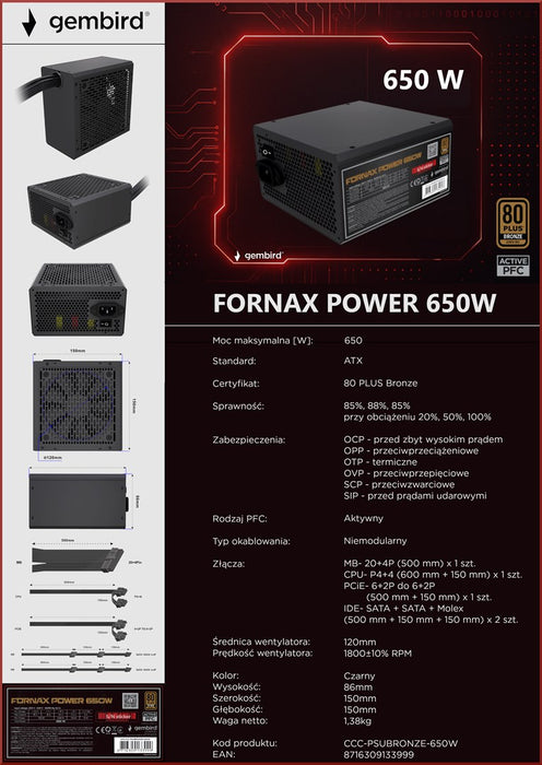 Gembird CCC-PSUBRONZE-650W Power supply unit Fornax Power 650W active PFC 12cm fan 80+Bronze color box