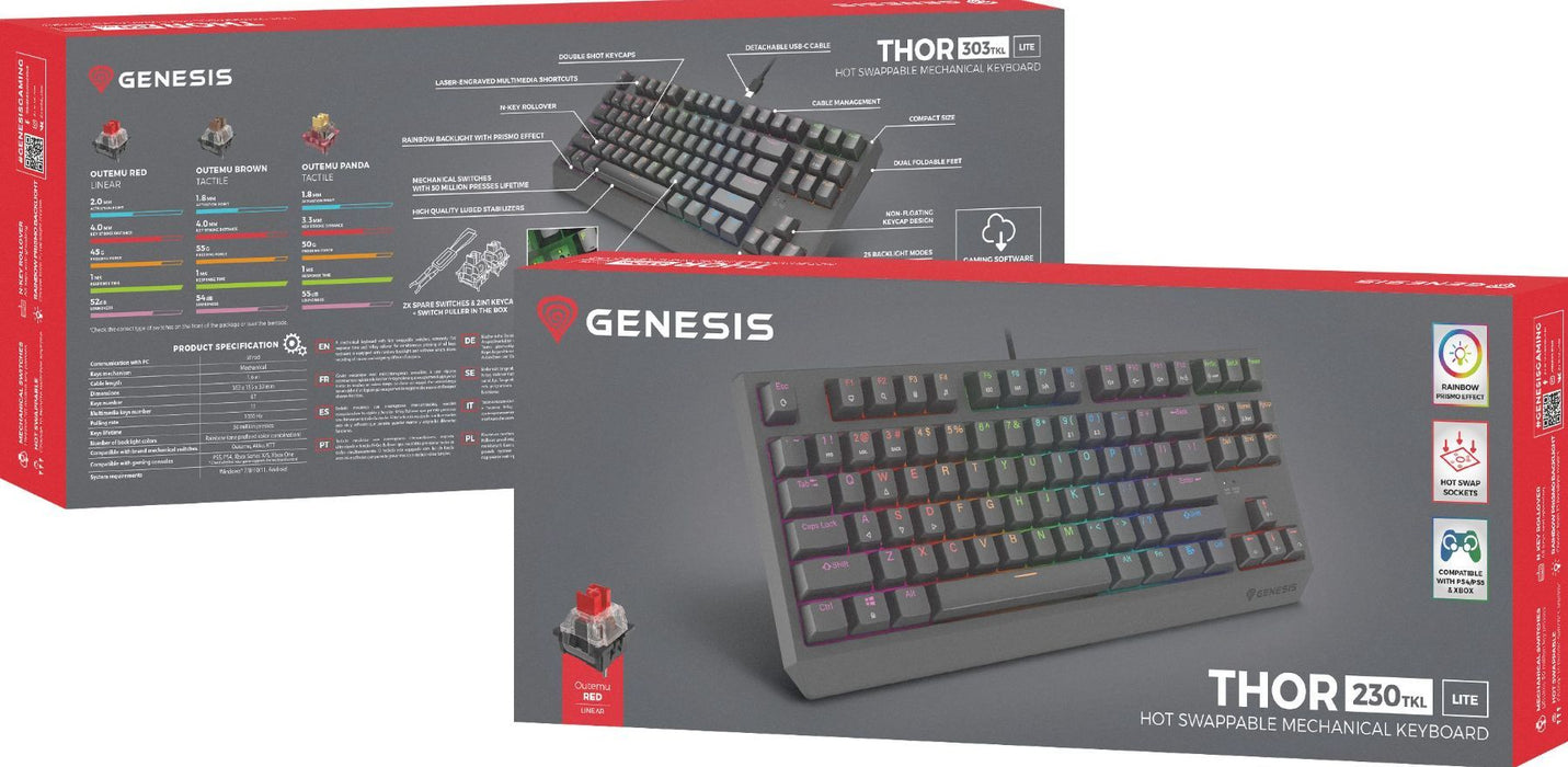 Genesis Gaming Keyboard Thor 230 TKL Lite US Rainbow Mechanical Outemu Red Black Hot Swap