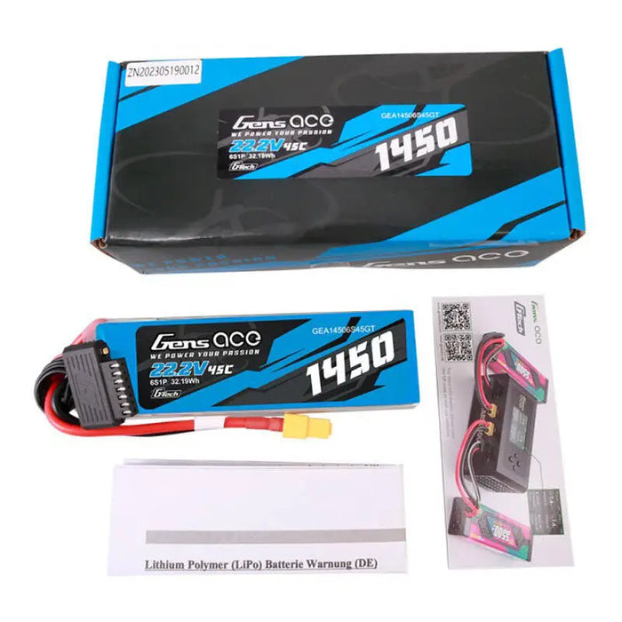 Gens Ace G-Tech 1450mAh 22.2V 45C 6S1P Lipo Battery Pack with XT60 Plug - Lithium and NiMH<<<Batteries<<<RC
