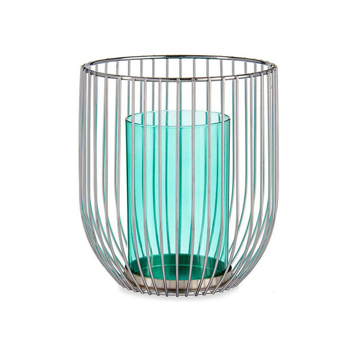 Candleholder Gift Decor Blue Silver Metal Glass 15 x 17 x 15 cm Cage