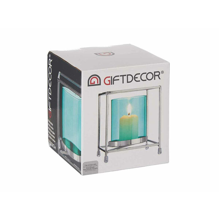 Candleholder Gift Decor Blue Silver Metal Glass 11,5 x 12,6 x 11,5 cm Squared