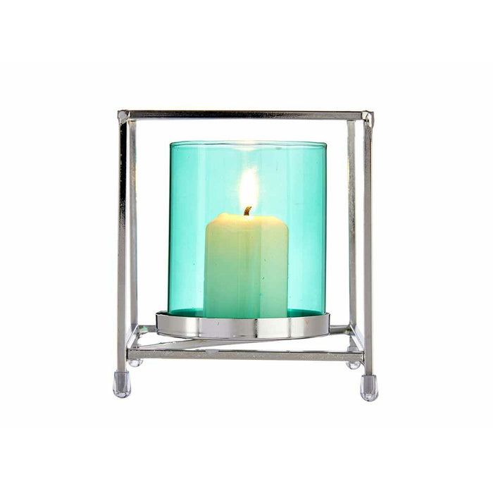 Candleholder Gift Decor Blue Silver Metal Glass 11,5 x 12,6 x 11,5 cm Squared