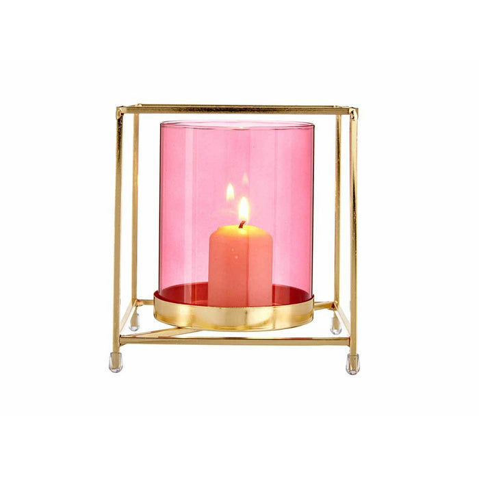 Candleholder Gift Decor Pink Golden Metal Glass 14 x 15,5 x 14 cm Squared