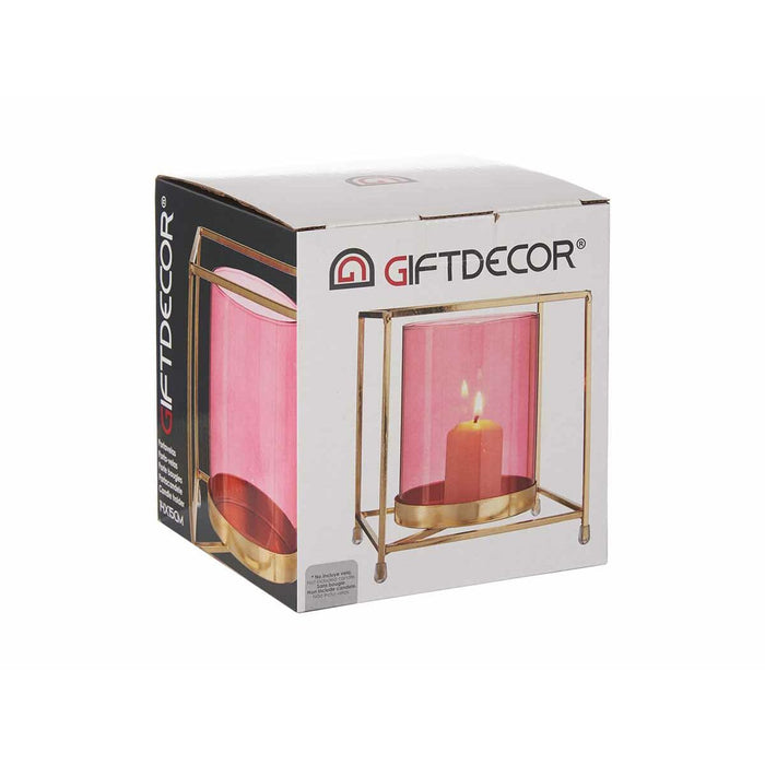 Candleholder Gift Decor Pink Golden Metal Glass 14 x 15,5 x 14 cm Squared