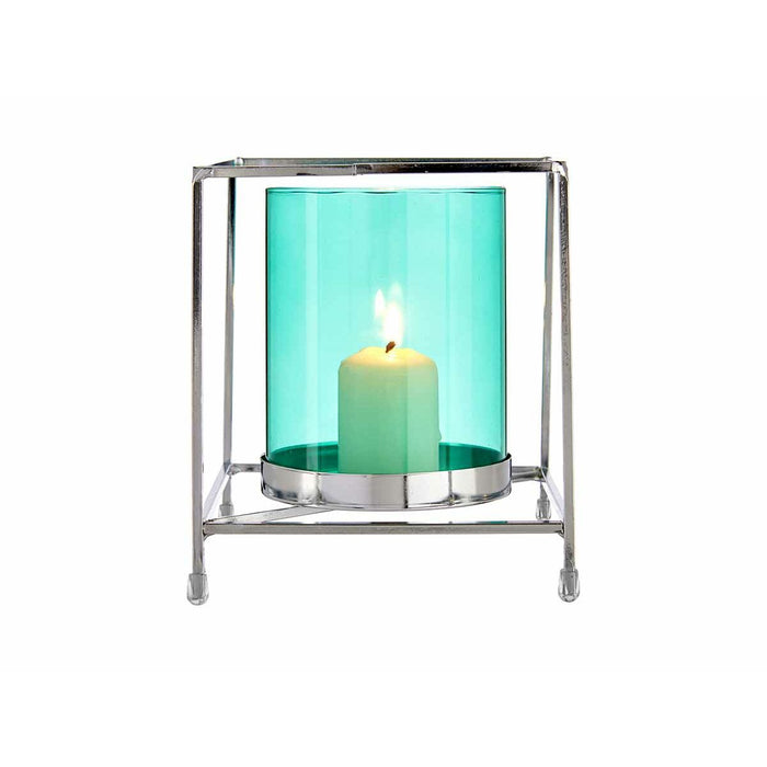 Candleholder Gift Decor Blue Silver Metal Glass 14 x 15,5 x 14 cm Squared