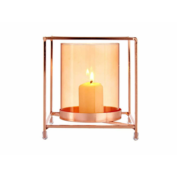 Candleholder Gift Decor Copper Amber Golden Metal Glass 14 x 15,5 x 14 cm Squared