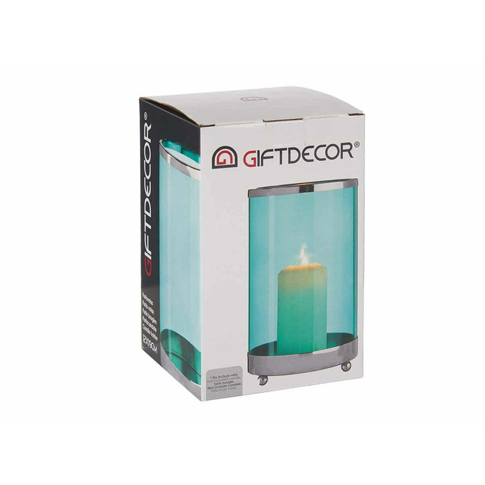 Candleholder Gift Decor Blue Silver Metal Glass 12,2 x 19,5 x 12,2 cm Cylinder