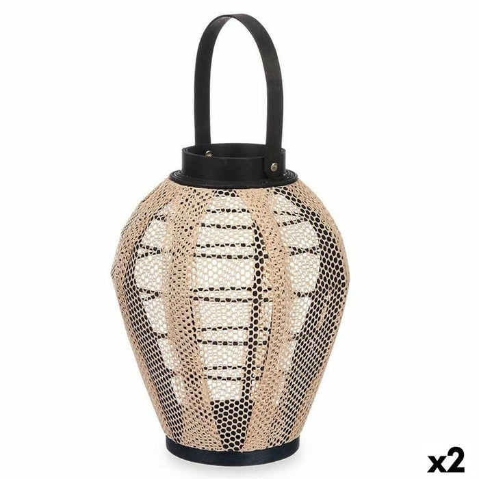 Lantern Gift Decor Black Beige Wood Cloth Glass Lantern 25 x 30 x 25 cm With handle (2 Units)