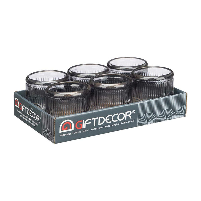Candleholder Gift Decor Grey Crystal 9 x 9,5 x 9 cm Stripes (12 Units)