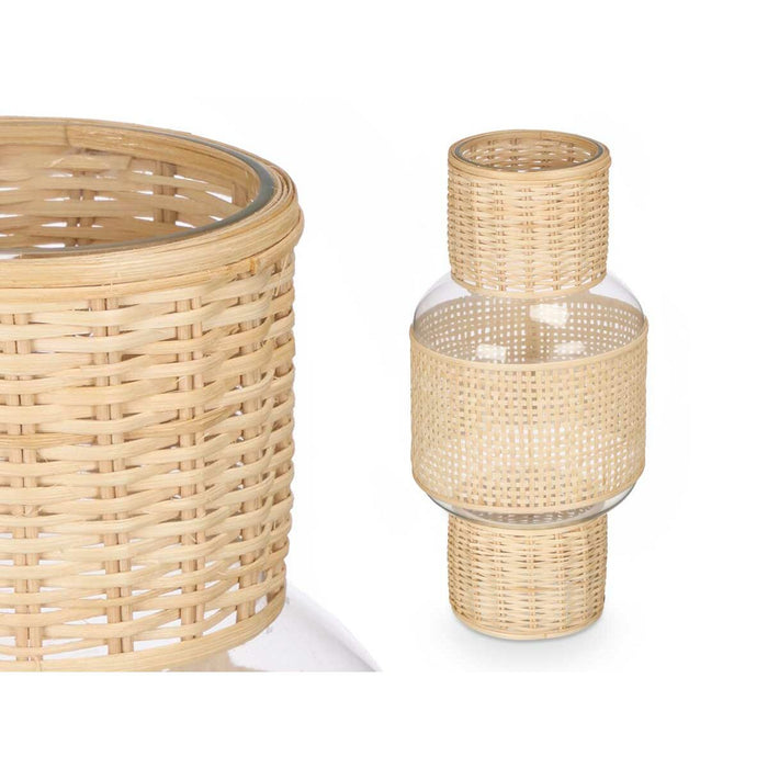 Candleholder Gift Decor Transparent Natural Glass Rattan 18 x 38 x 18 cm (4 Units)