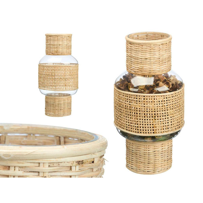 Candleholder Gift Decor Transparent Natural Glass Rattan 18 x 38 x 18 cm (4 Units)