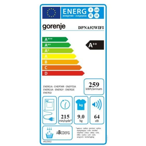 Dryer GORENJE DPNA92WIFI, 9 kg, D, Heat pump