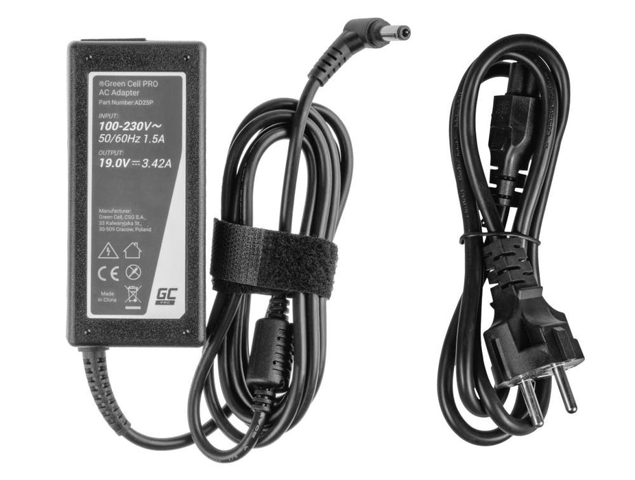 Laptop power supply GREEN CELL, PRO Charger / AC Adapter 19V 3.42A 65W for Asus R510C R510L R556L X550C X550L Toshiba Satellite C650 L750 5.5mm-2.5mm