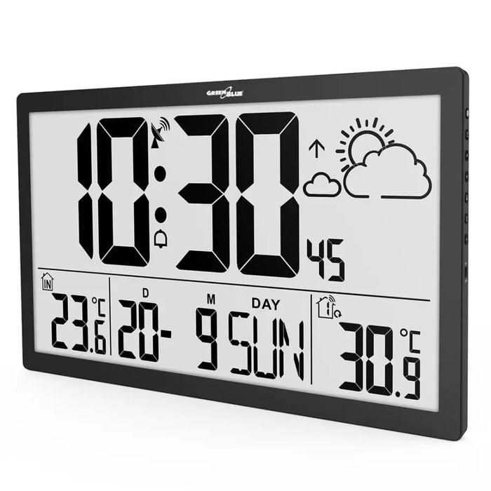 GreenBlue GB218 Extra Large LCD Wall Clock with Weather Station Temperature and Date Display - Wall